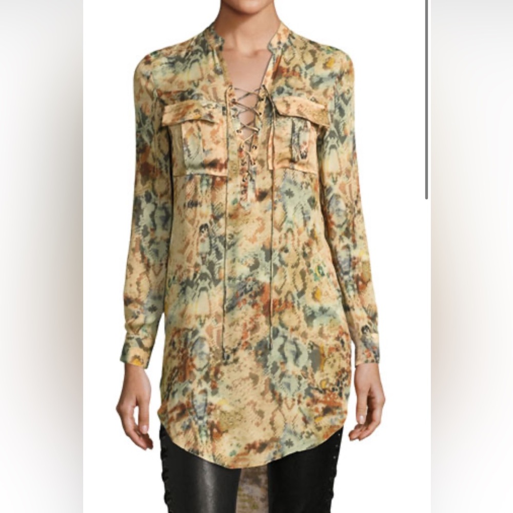 NWOT 100% Silk HAUTE HIPPIE Hellfire Lace Up Printed High-Low Blouse Size M